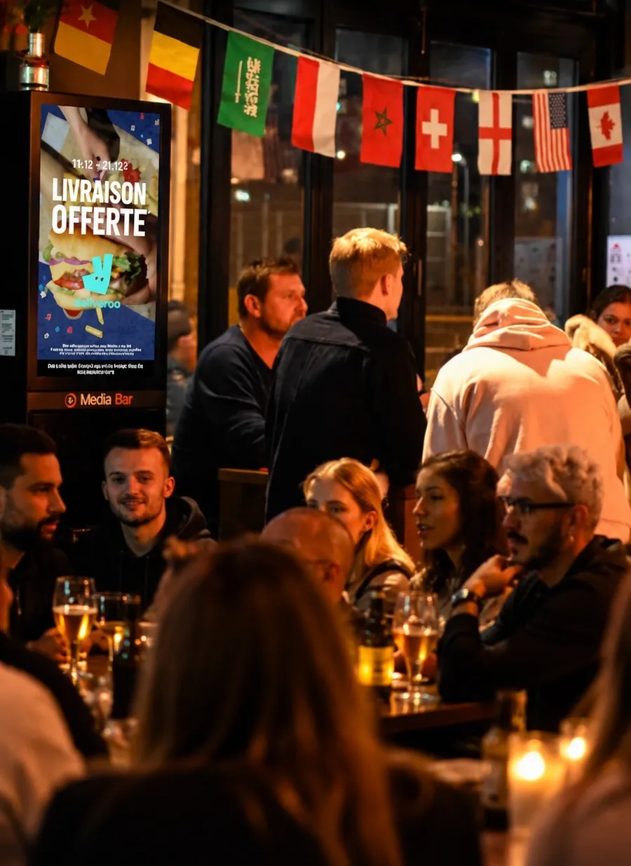 Clients d'un bar devant un écran Mediabar